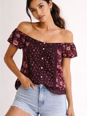 Rewind Boho Floral Lace Trim Top XS Off Shoulder Cottagecore